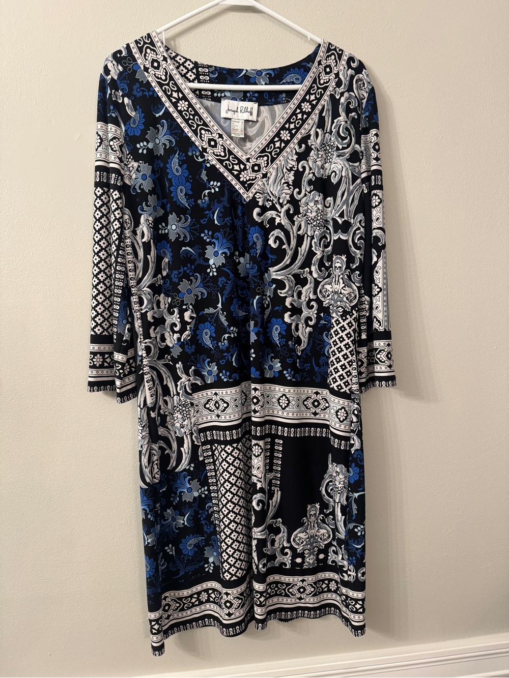 Joseph Ribkoff Black, White & Blue V-Neck Long Sleeve Printed Dress